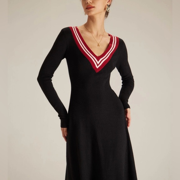 Rihoas Black V Neck Contrast Sweater Midi Dress, Size S, NWT - Picture 3 of 5